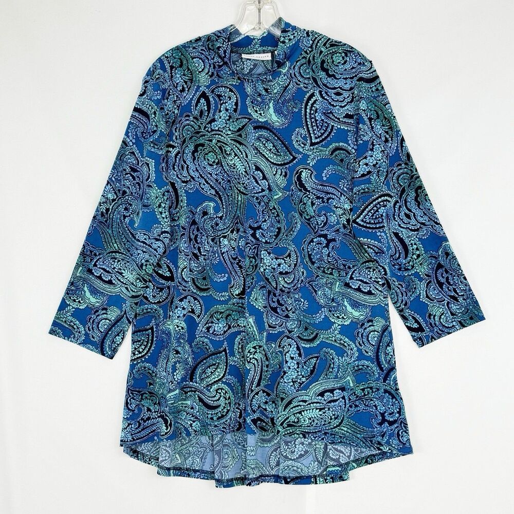 Susan Graver Size M Liquid Knit Blue Green Watercolor Floral Top Stretch